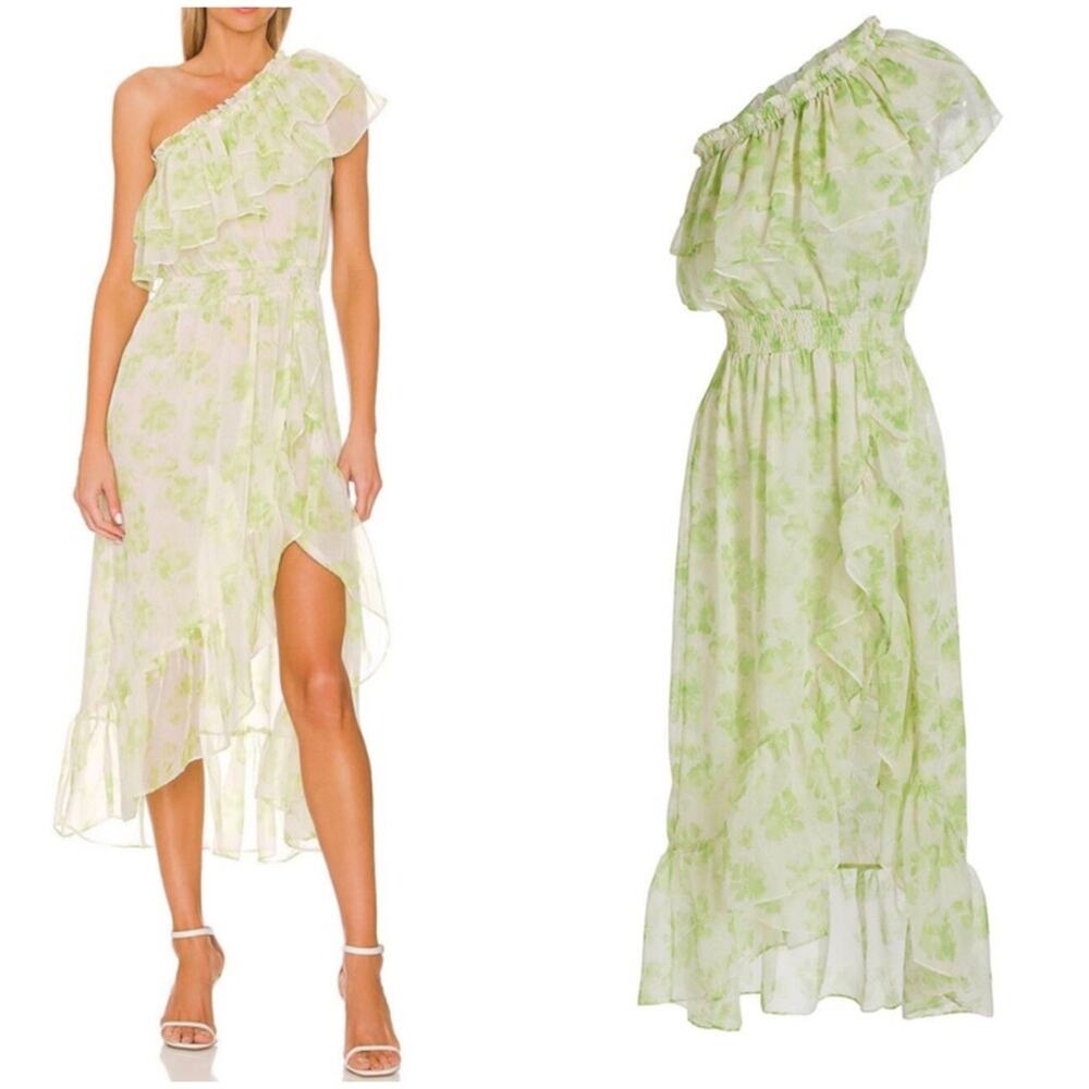 Misa Rumi Asymmetric Floral-print Chiffon Dress In Honeydew